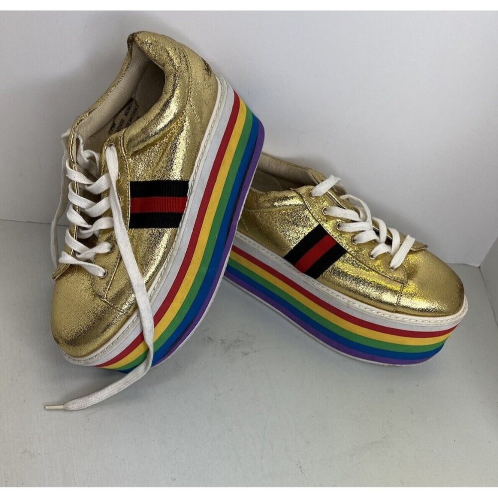 Gold Platform Sneakers with Rainbow Sole - Women